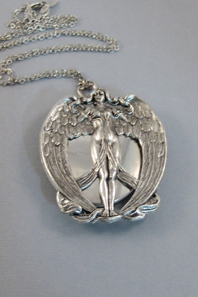 Nike,Winged Goddess,Wings,Angel Locket, Angel Wing,Locket,Victory,Silver Locket,Girl,Goddess,Antique Locket,Woodland,valleygirldesigns.