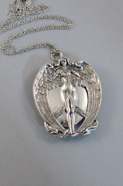 Nike,Winged Goddess,Wings,Angel Locket, Angel Wing,Locket,Victory,Silver Locket,Girl,Goddess,Antique Locket,Woodland,valleygirldesigns.