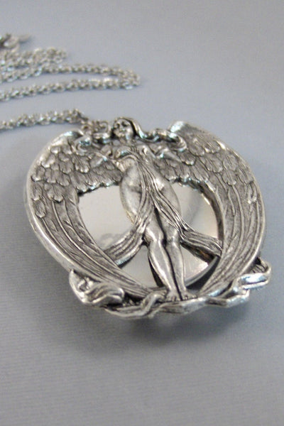 Nike,Winged Goddess,Wings,Angel Locket, Angel Wing,Locket,Victory,Silver Locket,Girl,Goddess,Antique Locket,Woodland,valleygirldesigns.