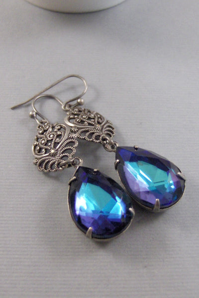 Peacock Feather Earrings,Vintage Earrings,Navy,Vintage Rhinestone,Bird,Brid Earring,Peacock,Peacock Earring,Silver Earrings,Sapphire Earring