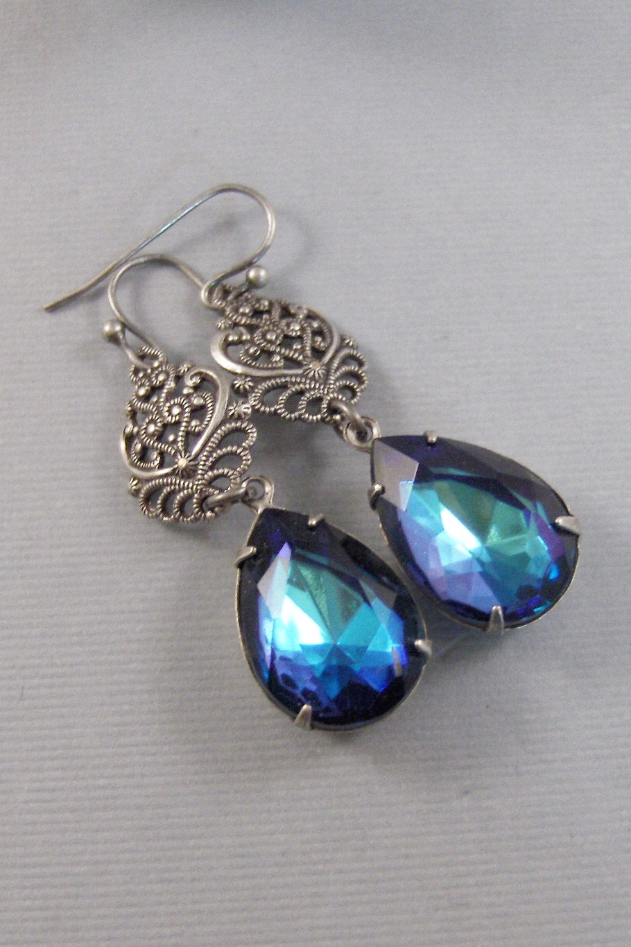 Peacock Feather Earrings,Vintage Earrings,Navy,Vintage Rhinestone,Bird,Brid Earring,Peacock,Peacock Earring,Silver Earrings,Sapphire Earring