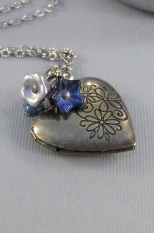 Enchanted Navy,Locket,Silver Locket,Blue Flower,Locket Necklace,Antique Locket,Blue. Handmade jewelry by valleygirldesigns.