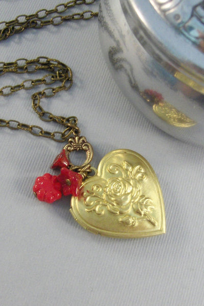 Scarlet Heart, Heart,Brass Locket,Antique Locket,Heart Locket,Valentine,Red Locket, Red Flower,Red Scarlet,Red Necklace, valleygirldesigns.