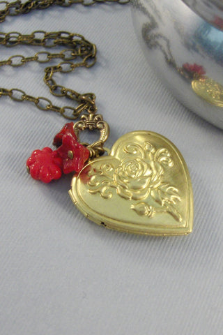 Scarlet Heart, Heart,Brass Locket,Antique Locket,Heart Locket,Valentine,Red Locket, Red Flower,Red Scarlet,Red Necklace, valleygirldesigns.