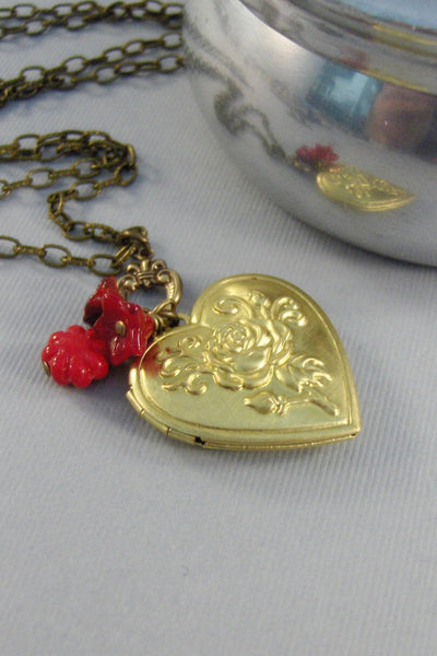 Scarlet Heart, Heart,Brass Locket,Antique Locket,Heart Locket,Valentine,Red Locket, Red Flower,Red Scarlet,Red Necklace, valleygirldesigns.
