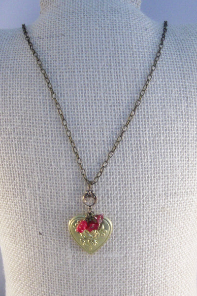 Scarlet Heart, Heart,Brass Locket,Antique Locket,Heart Locket,Valentine,Red Locket, Red Flower,Red Scarlet,Red Necklace, valleygirldesigns.