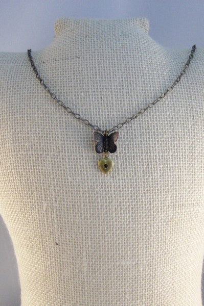 Midnight Flutter,Gold Locket,Gold Necklace,Butterfly Heart,Brass Locket,Antique Locket,Heart Locket,Black Necklace,Black, valleygirldesigns.