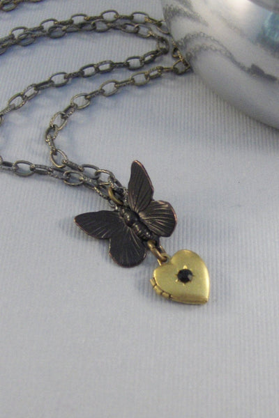 Midnight Flutter,Gold Locket,Gold Necklace,Butterfly Heart,Brass Locket,Antique Locket,Heart Locket,Black Necklace,Black, valleygirldesigns.