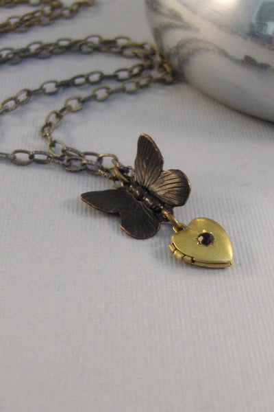 Midnight Flutter,Gold Locket,Gold Necklace,Butterfly Heart,Brass Locket,Antique Locket,Heart Locket,Black Necklace,Black, valleygirldesigns.