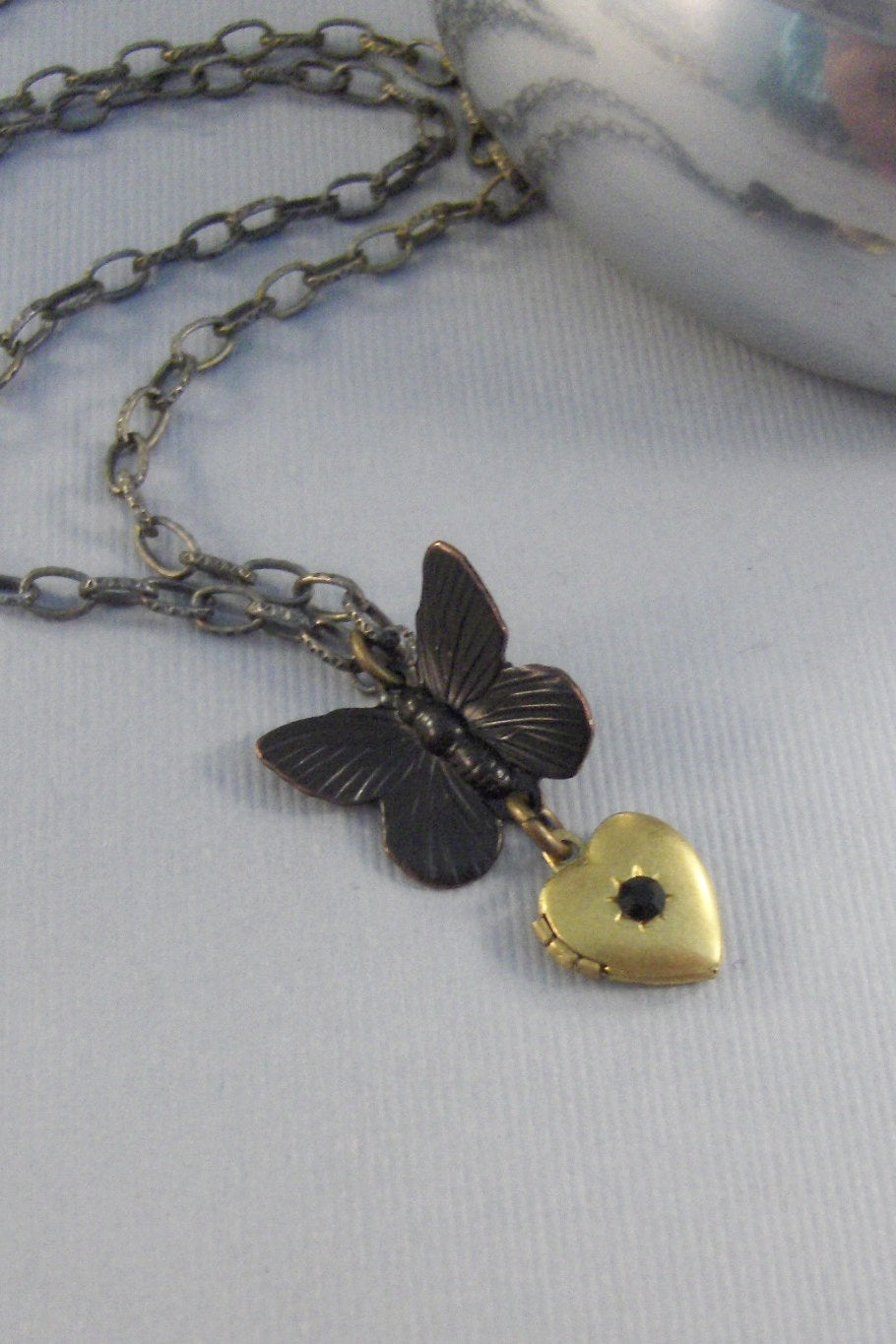Midnight Flutter,Gold Locket,Gold Necklace,Butterfly Heart,Brass Locket,Antique Locket,Heart Locket,Black Necklace,Black, valleygirldesigns.