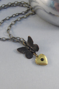 Midnight Flutter,Gold Locket,Gold Necklace,Butterfly Heart,Brass Locket,Antique Locket,Heart Locket,Black Necklace,Black, valleygirldesigns.