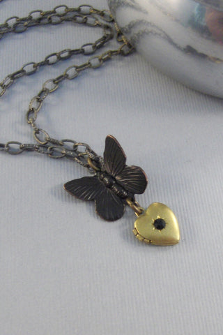 Midnight Flutter,Gold Locket,Gold Necklace,Butterfly Heart,Brass Locket,Antique Locket,Heart Locket,Black Necklace,Black, valleygirldesigns.