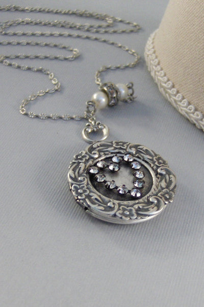 SALE Love You STill,Vintage,Vintage Diamond,Heart Necklace,Locket,Baroque Jewelry,Baroque,Silver Baroque Locket,Clear Rhinestone VGD Etsy.