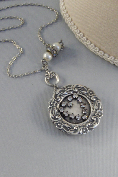 SALE Love You STill,Vintage,Vintage Diamond,Heart Necklace,Locket,Baroque Jewelry,Baroque,Silver Baroque Locket,Clear Rhinestone VGD Etsy.