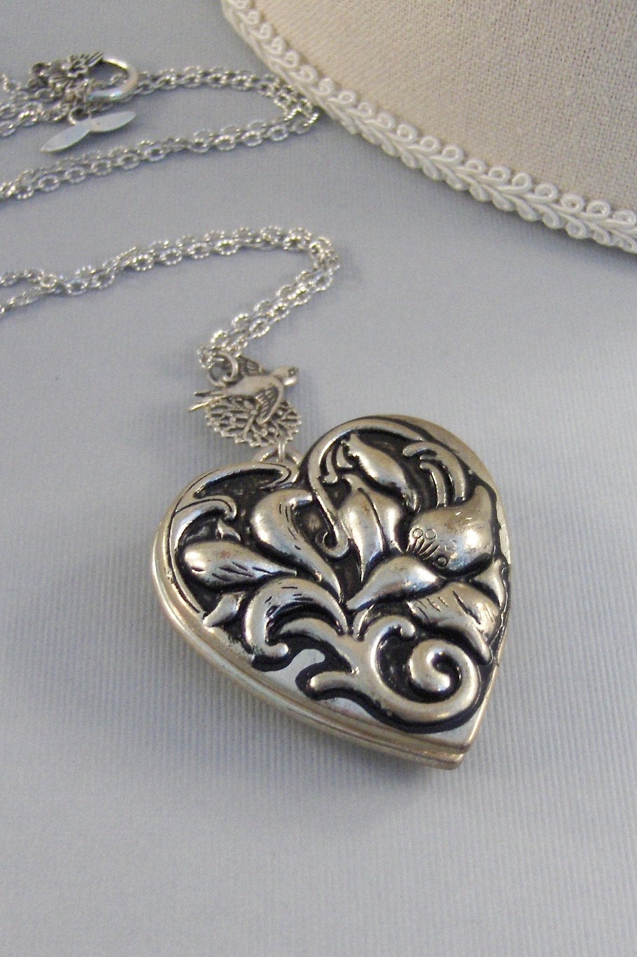 Sparrows Heart,Locket,Silver Locket,Flower,Heart Locket,Antique Locket,Bird,Bird Necklace,Bird Locket,Floral Locket, valleygirldesigns.