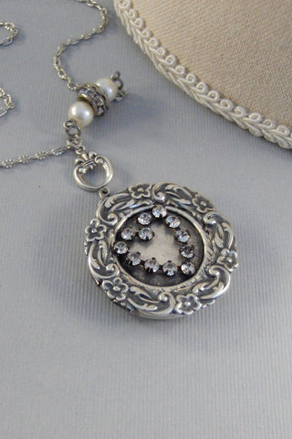 SALE Love You STill,Vintage,Vintage Diamond,Heart Necklace,Locket,Baroque Jewelry,Baroque,Silver Baroque Locket,Clear Rhinestone VGD Etsy.