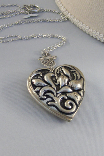 Sparrows Heart,Locket,Silver Locket,Flower,Heart Locket,Antique Locket,Bird,Bird Necklace,Bird Locket,Floral Locket, valleygirldesigns.