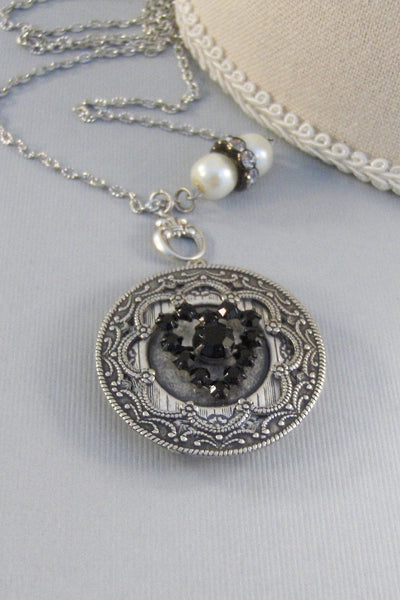 SALE Love You STill,Vintage,Vintage Rhinestone,Heart Necklace,Locket,Black,Black HeartBaroque Jewelry,Baroque,Silver Baroque Locket,Locket
