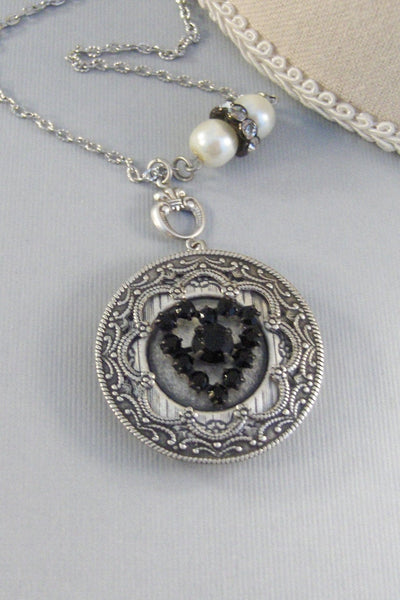 SALE Love You STill,Vintage,Vintage Rhinestone,Heart Necklace,Locket,Black,Black HeartBaroque Jewelry,Baroque,Silver Baroque Locket,Locket