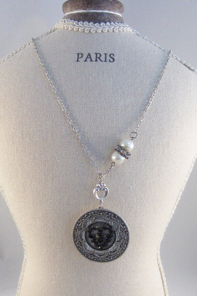 SALE Love You STill,Vintage,Vintage Rhinestone,Heart Necklace,Locket,Black,Black HeartBaroque Jewelry,Baroque,Silver Baroque Locket,Locket