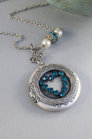 SALE Love You STill,Vintage,Vintage Aqua,Heart Necklace,Locket,Baroque Jewelry,Baroque,Silver Baroque Locket,Aqua Locket,Aqua Rhinestone