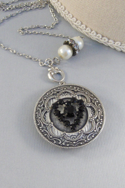 SALE Love You STill,Vintage,Vintage Rhinestone,Heart Necklace,Locket,Black,Black HeartBaroque Jewelry,Baroque,Silver Baroque Locket,Locket