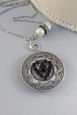SALE Love You STill,Vintage,Vintage Rhinestone,Heart Necklace,Locket,Black,Black HeartBaroque Jewelry,Baroque,Silver Baroque Locket,Locket
