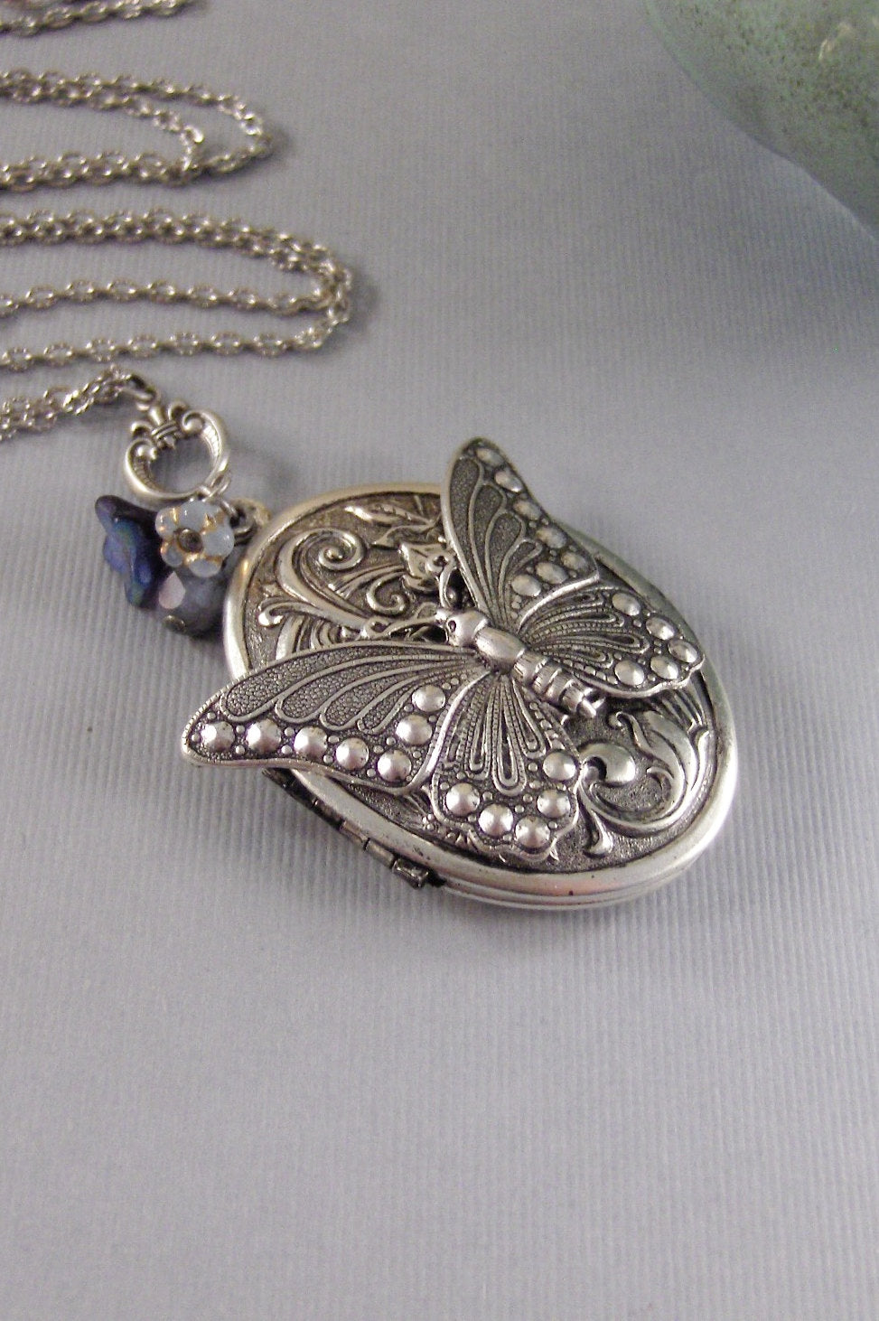 Lilac Butterfly,Butterfly Necklace,Butterfly Locket,Butterrfly Jewelry,Gypsy Necklace,Boho Necklace,Blue Necklace,Blue valleygirldesigns