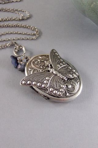 Lilac Butterfly,Butterfly Necklace,Butterfly Locket,Butterrfly Jewelry,Gypsy Necklace,Boho Necklace,Blue Necklace,Blue valleygirldesigns