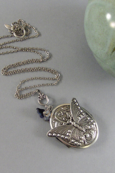 Lilac Butterfly,Butterfly Necklace,Butterfly Locket,Butterrfly Jewelry,Gypsy Necklace,Boho Necklace,Blue Necklace,Blue valleygirldesigns