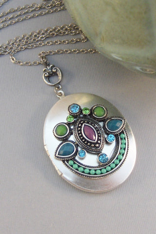 SALE Gypsy Magic,Locket,Silver,Turquoise Necklace,Gemstone,Necklace,Antique Locket,Blue Stone,Green STone,Purple STone.valleygirldesigns.