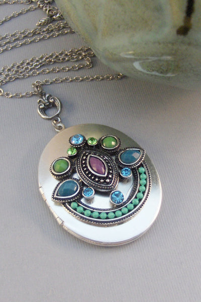 SALE Gypsy Magic,Locket,Silver,Turquoise Necklace,Gemstone,Necklace,Antique Locket,Blue Stone,Green STone,Purple STone.valleygirldesigns.