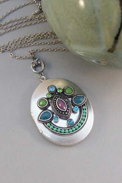 SALE Gypsy Magic,Locket,Silver,Turquoise Necklace,Gemstone,Necklace,Antique Locket,Blue Stone,Green STone,Purple STone.valleygirldesigns.
