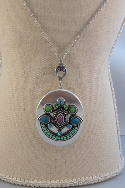 SALE Gypsy Magic,Locket,Silver,Turquoise Necklace,Gemstone,Necklace,Antique Locket,Blue Stone,Green STone,Purple STone.valleygirldesigns.