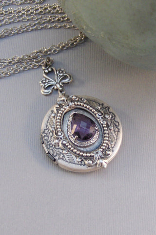 Victorian Amethyst,Locket,Antique Locket,Silver Locket,Amethyst Stone,Rhinestone,Vintage,Purple Stone,Amethyst Birthstone Valleygirldesigns.