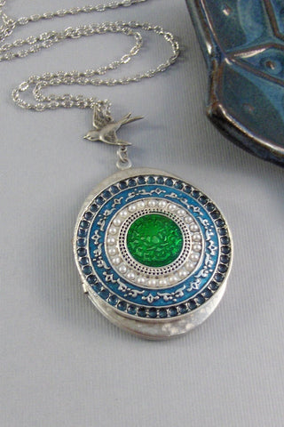 SALE Green Goddess,Locket,Silver,Turquoise Necklace,Green Necklace,Necklace,Antique Locket,Blue Stone,Green STone,STone.valleygirldesigns.