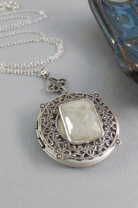SALE Lunar Gleam,Moonstone,Moonstone Necklace,Antique Locket,Silver Locket,White Locket,,Gemstone Locket,Opal,Gemstone Necklace,Genuine