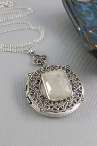 SALE Lunar Gleam,Moonstone,Moonstone Necklace,Antique Locket,Silver Locket,White Locket,,Gemstone Locket,Opal,Gemstone Necklace,Genuine