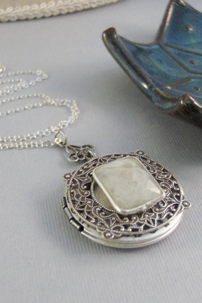 SALE Lunar Gleam,Moonstone,Moonstone Necklace,Antique Locket,Silver Locket,White Locket,,Gemstone Locket,Opal,Gemstone Necklace,Genuine