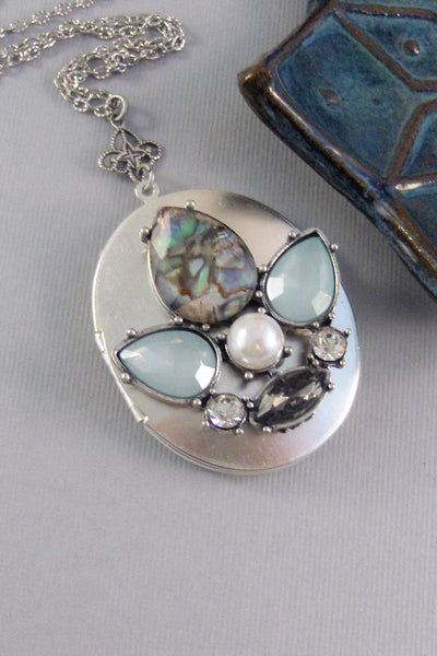 Aqua Moon,Locket,Silver,Turquoise Necklace,Pearl Necklace,Pearl,Diamond Necklace,Silver Locket,Blue Necklace,Blue Locket.valleygirldesigns.