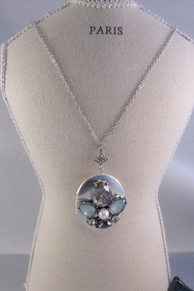 Aqua Moon,Locket,Silver,Turquoise Necklace,Pearl Necklace,Pearl,Diamond Necklace,Silver Locket,Blue Necklace,Blue Locket.valleygirldesigns.