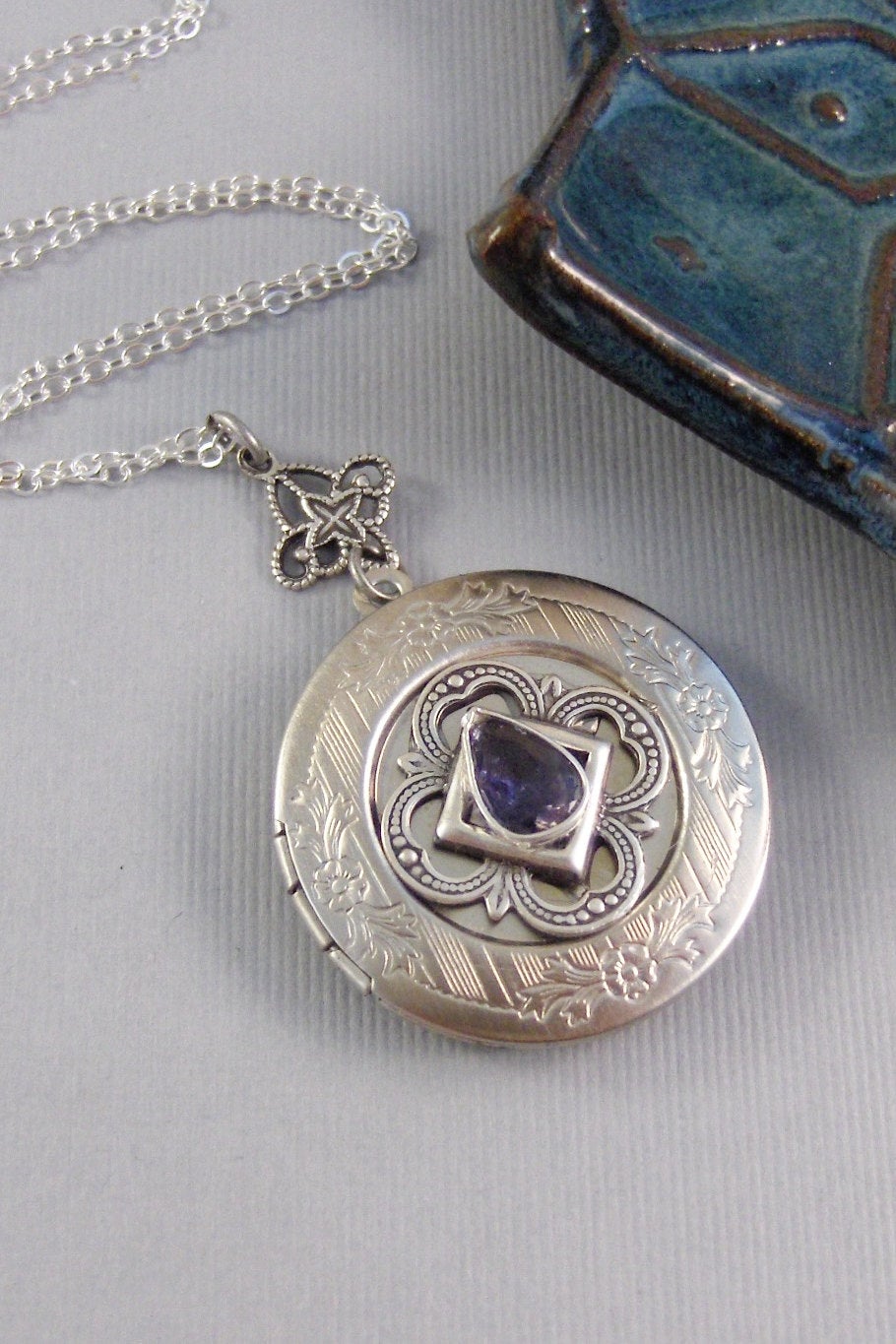 Iolite Locket,Purple Locket,Antique Locket,Silver Locket,Purple Locket,Iolite,Iolite Necklace,Gemstone Locket,Gemstone Necklace,Genuine