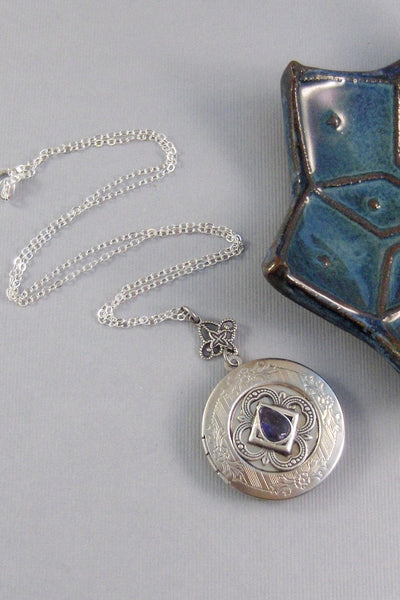 Iolite Locket,Purple Locket,Antique Locket,Silver Locket,Purple Locket,Iolite,Iolite Necklace,Gemstone Locket,Gemstone Necklace,Genuine