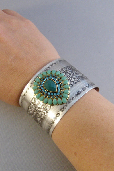 Emerald Gypsy,Cuff,Cuff Bracelet,Green Bracelet,Bracelet,Silver,Antique Bracelet,Bohemian Bracelet,Gypsy Bracelet,Green.valleygirldesigns.
