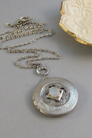 Lunar Spark,Moonstone,Moonstone Necklace,Antique Locket,Silver Locket,White Locket,,Gemstone Locket,Opal,Gemstone Necklace,Genuine Gemstone