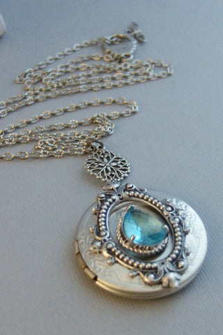 Victorian Aquamarine,Locket,Antique Locket,Silver Locket,Aquamarine,Rhinestone,Vintage,Blue Stone,Aquamarine Birthstone Valleygirldesigns.