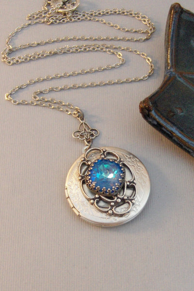 Mermaid Blue,Sapphire,Sapphire Locket,Locket,Antique Locket,Silver Locket,Blue Locket,Blue Necklace,Mermaid,Blue,Green Valleygirldesigns.