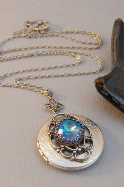 Mermaid Blue,Sapphire,Sapphire Locket,Locket,Antique Locket,Silver Locket,Blue Locket,Blue Necklace,Mermaid,Blue,Green Valleygirldesigns.