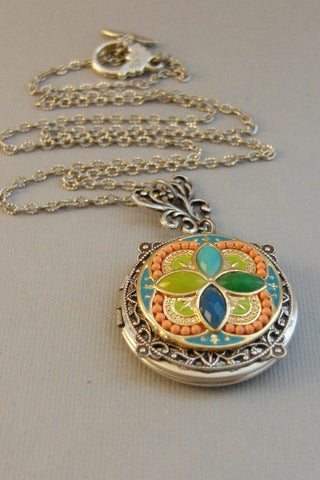 Gypsy Spell,Locket,Silver,Turquoise Necklace,Orange Necklace,Necklace,Antique Locket,Blue Stone,Green STone,aqua STone.valleygirldesigns.