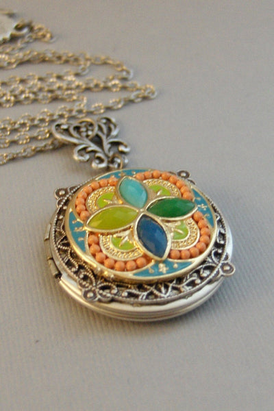 Gypsy Spell,Locket,Silver,Turquoise Necklace,Orange Necklace,Necklace,Antique Locket,Blue Stone,Green STone,aqua STone.valleygirldesigns.